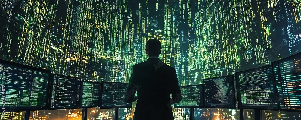 Aufkleber Shadowy figure engaged in black hat hacking, surrounded by dark, complex code, multiple screens displaying stolen data, and encrypted communication
