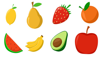 vector of various types of fruits in simple and colorful cartoon form. Each fruit is depicted with bright colors and a minimalist style, which gives a fresh and fun impression.