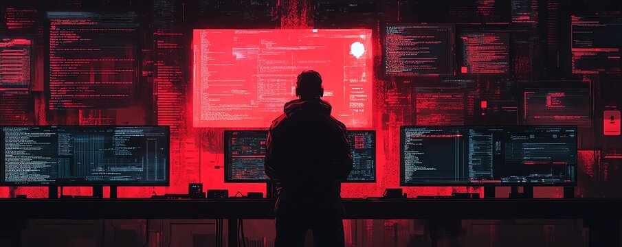 Shadowy figure engaged in black hat hacking, surrounded by dark, complex code, multiple screens displaying stolen data, and encrypted communication