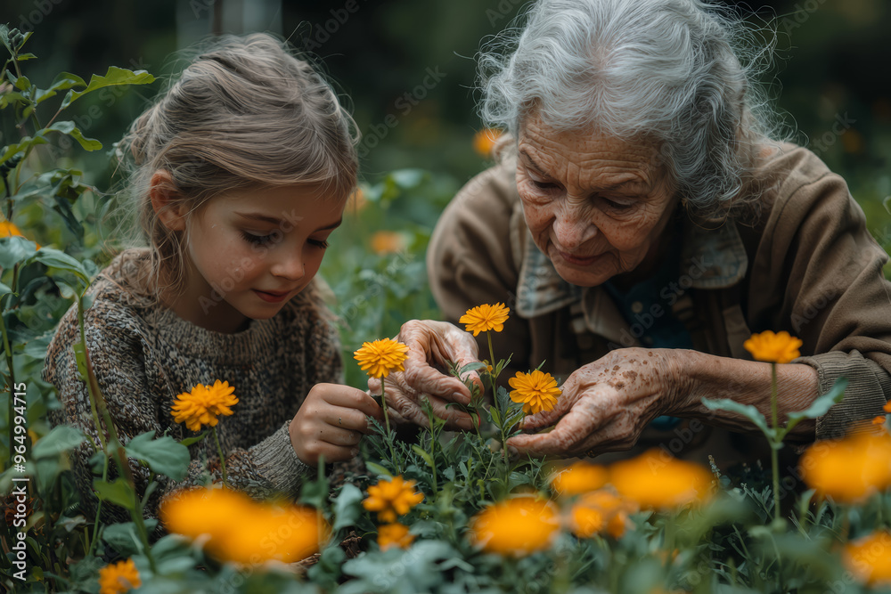 Sticker a grandmother and her grandchildren planting flowers in the garden, getting their hands dirty and en