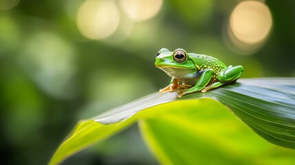 Fototapeta premium Green Frog Resting on a Leaf with a Bright Bokeh Background, Showcasing Nature's Vibrant Colors