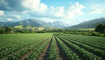 Organic farm, lush green fields with crops, 3D illustration