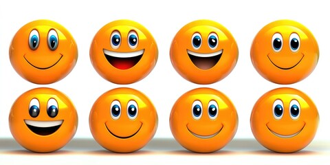 Obraz premium Bright yellow 3D emojis with glossy finish showcase various expressions on a clean white background in high-resolution detail