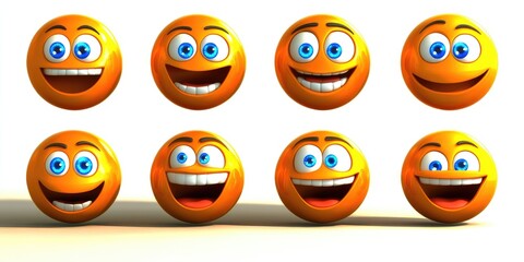 Fototapeta premium Bright yellow 3D emojis with glossy finishes displaying a range of joyful expressions against a pristine white background, showcasing vibrant colors in stunning 8K detail