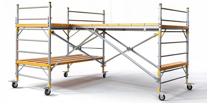 Lightweight and adaptable, this portable scaffolding structure features metal bars and variable legs, perfect for