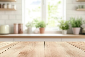kitchen table background, wood counter top on blur of white clean abstract home interior with bokeh. used for display or montage your wooden for dining background. table banner, ai