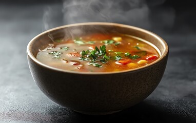 Organic vegetable soup, steaming hot in a bowl, 3D illustration