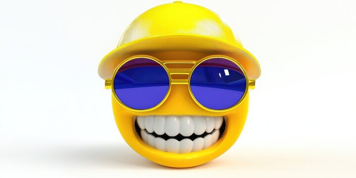 A cheerful yellow emoji character wearing a stylish hat and round sunglasses with a glossy finish against a bright white background, ready to spread joy and positivity in vibrant detail