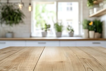 kitchen table background, wood counter top on blur of white clean abstract home interior with bokeh. used for display or montage your wooden for dining background. table banner, ai