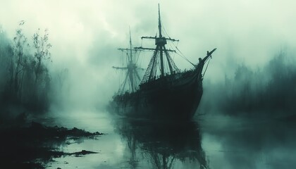 Abandoned pirate ship, haunted by spirits, eerie fog, Watercolor style