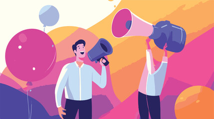 PR manager vector, public relations illustration, communication graphic, media announcement, sales promotion, businessman megaphone, speech bubble, flat style PR, corporate communication, media 