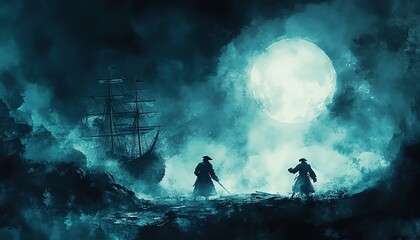 Naklejka premium Ghostly pirate duel, fighting for cursed treasure, moonlit battlefield, Watercolor style