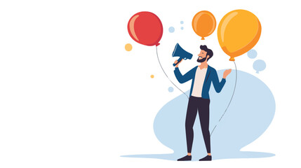 PR manager vector, public relations illustration, communication graphic, media announcement, sales promotion, businessman megaphone, speech bubble, flat style PR, corporate communication, media 