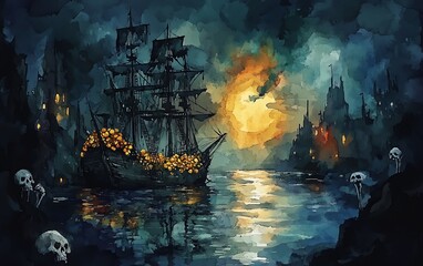 Fototapeta premium Haunted pirate bay, skeletons guarding cursed gold, eerie atmosphere, Watercolor style