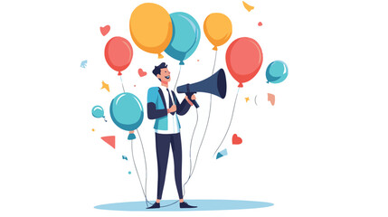 PR manager vector, public relations illustration, communication graphic, media announcement, sales promotion, businessman megaphone, speech bubble, flat style PR, corporate communication, media 