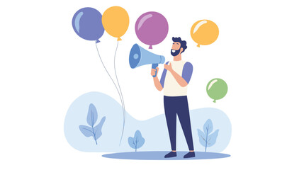 PR manager vector, public relations illustration, communication graphic, media announcement, sales promotion, businessman megaphone, speech bubble, flat style PR, corporate communication, media 