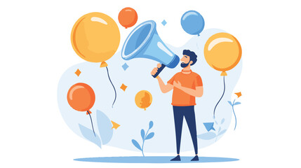 PR manager vector, public relations illustration, communication graphic, media announcement, sales promotion, businessman megaphone, speech bubble, flat style PR, corporate communication, media 