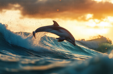 Fototapeta premium Playful Dolphin Leaping from Turquoise Waves: A Spectacle of Marine Joy