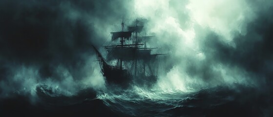 Fototapeta premium Pirate ghost ship, trapped in an eternal storm, cursed crew, Watercolor style