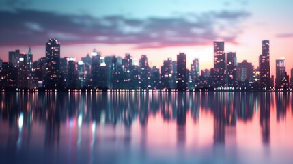 Fototapeta premium Stunning Water Reflection of a Modern City Skyline at Dusk - Illustration of Urban Landscape with Soft Colors