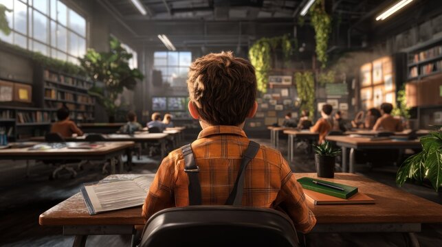 Engaged Students Learning in a Bright and Modern Classroom Filled with Books and Educational Resources