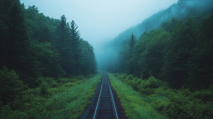 railroad track curves gently through vibrant green foliage, creating a tranquil scene that symbolizes journey, hope, and the seamless blend of nature and travel
