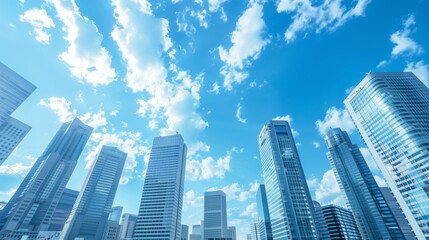 Modern City Skyline with Skyscrapers under a Clear Blue Sky with White Clouds