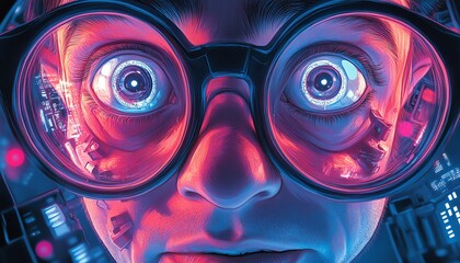 Closeup of a nerd face with oversized glasses, expressive features, and a playful, hightech background showcasing detailed facial expressions and geeky elements