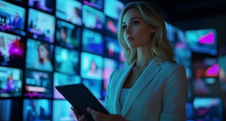 Naklejka premium Portrait Of Caucasian Woman Using Smartphone in 3D Cyberspace With Animated Social Media Interfaces, Games, Videos, Internet Content. Visualization Of Female Enthusiast Surfing Web Network.