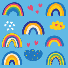 Fototapeta premium Scandinavian boho rainbows set with clouds, stars, drops, crescent in pastel blue colors. Celestial clip art. Hand drawn vector element for nursery decoration, baby shower. Vector flat illustration