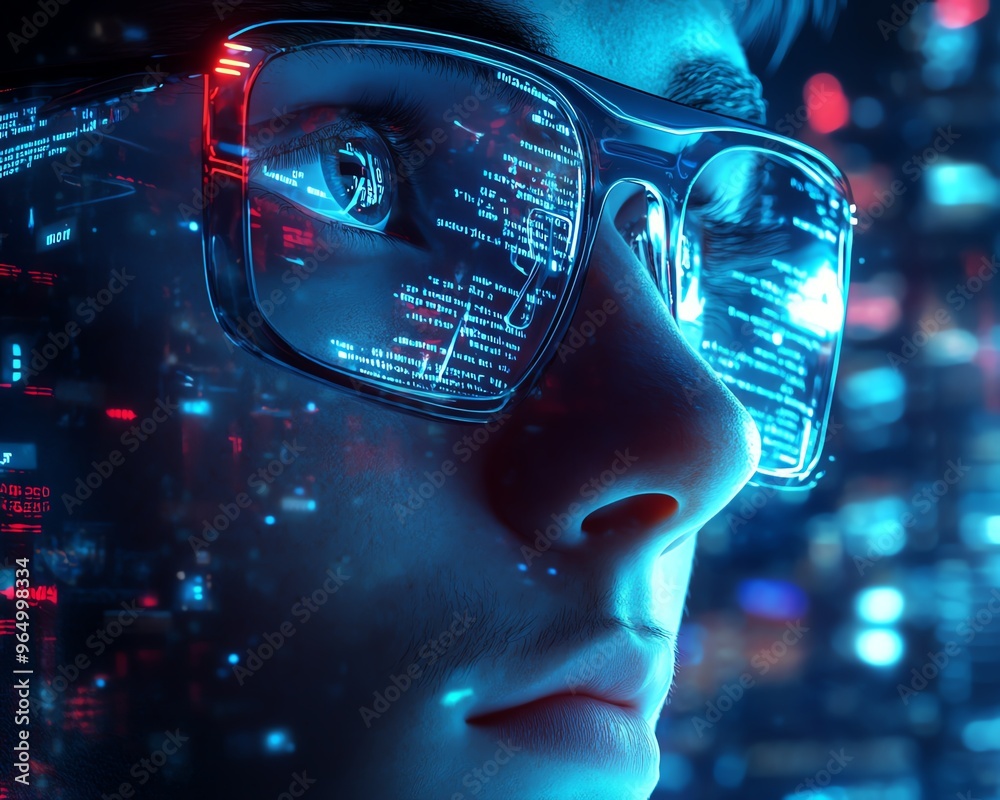 Poster futuristic nerd face with sleek glasses, a thoughtful expression, and a hightech environment featuri