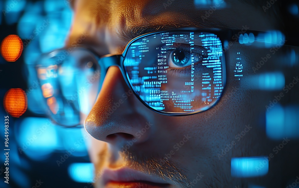 Aufkleber Futuristic nerd face with sleek glasses, a thoughtful expression, and a hightech environment featuring digital screens, code, and advanced technology