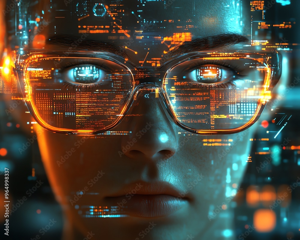Poster futuristic nerd face with sleek glasses, a thoughtful expression, and a hightech environment featuri