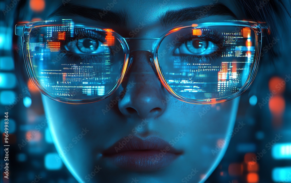 Aufkleber futuristic nerd face with sleek glasses, a thoughtful expression, and a hightech environment featuri