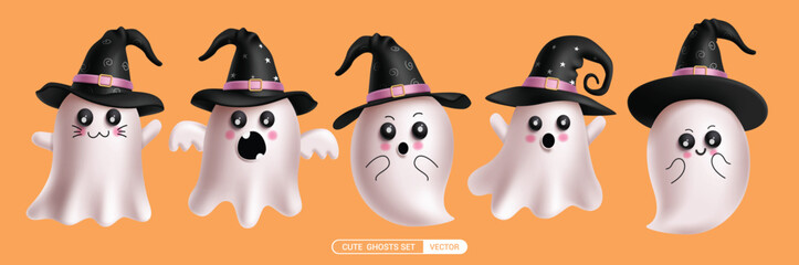 Ghost characters vector set design. Halloween cute ghost character with happy, naughty, shock and smiling facial expression floating in yellow background. Vector illustration cute spirit monster  © AmazeinDesign