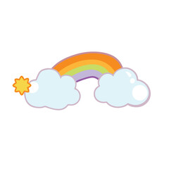 Scandinavian boho rainbows set with clouds, stars, drops, crescent in pastel blue colors. Celestial clip art. Hand drawn vector element for nursery decoration, baby shower. Vector flat illustration