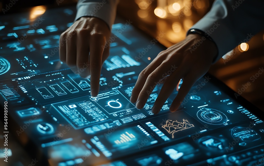 Fototapete Closeup of an expert using AI for document analysis in a modern digital workspace, showcasing advanced software, data visualizations, and hightech interfaces