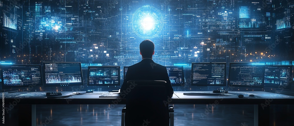 Poster Hightech digital workspace with an expert utilizing artificial intelligence for advanced document analysis, featuring multiple screens with data management tools and AI algorithms