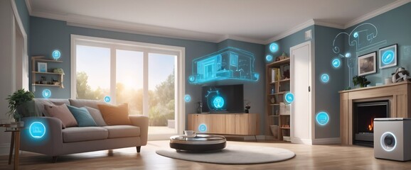 Naklejka premium illustrate the concept of the Internet of Things with an image of a smart home, featuring various connected devices and appliances, shot from a low angle with a wide-angle lens
