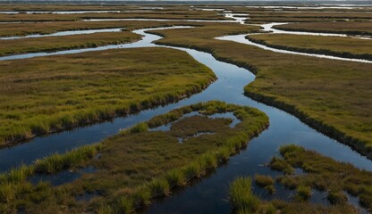 Naklejka premium Scenic view of winding water channels through lush green marshland. wide view