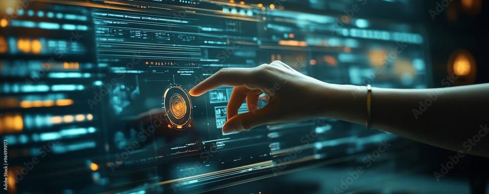Fototapete Closeup of an expert using AI for document analysis in a modern digital workspace, showcasing advanced software, data visualizations, and hightech interfaces