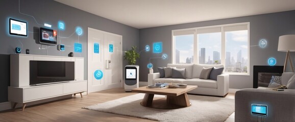illustrate the concept of the Internet of Things with an image of a smart home, featuring various connected devices and appliances, shot from a low angle with a wide-angle lens