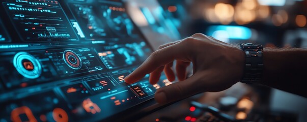 Closeup of an expert using AI for document analysis in a modern digital workspace, showcasing advanced software, data visualizations, and hightech interfaces