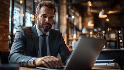 Businessman in a formal suit showcasing digital supply chain management software on a laptop, with a focus on advanced analytics, realtime updates, and modern office aesthetics