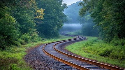 Fototapeta premium railroad track curves gently through vibrant green foliage, creating a tranquil scene that symbolizes journey, hope, and the seamless blend of nature and travel