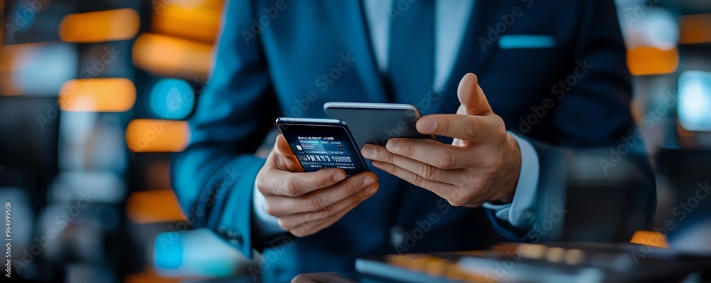 Poster Closeup of a businessman engaging in mobile banking with a smartphone, featuring a digital wallet interface and online financial services in a hightech setting