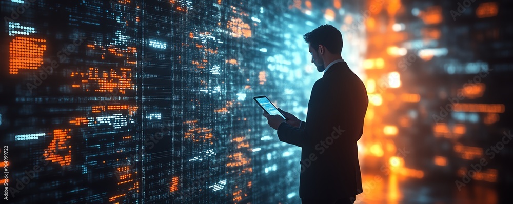 Poster Dynamic scene of a businessman using mobile technology for digital wallet and ecommerce transactions, set against a backdrop of advanced financial technology