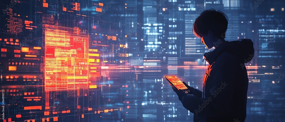 Poster futuristic business environment with a professional using a smartphone for ewallet transactions, fea