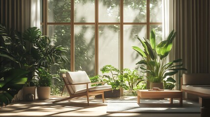 Fototapeta premium Serene Room with Indoor Natural Beauty, Large Windows, Lush Plants, and Wooden Furniture