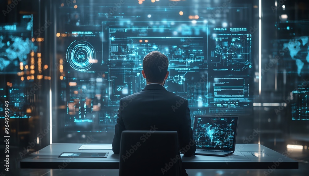 Poster Futuristic office environment with a businessman in a suit demonstrating digital supply chain management on a laptop, highlighting advanced logistics and data visualization